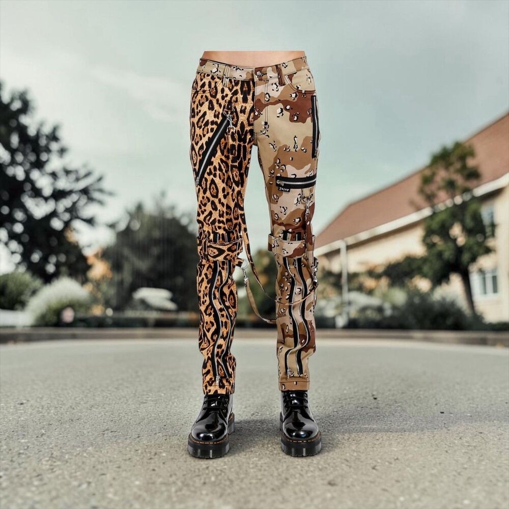 Tripp NYC SPLIT LEG BONDAGE PANT LEOPARD AND SAND CAMO SIZE 26 Unisex /Goth NWT